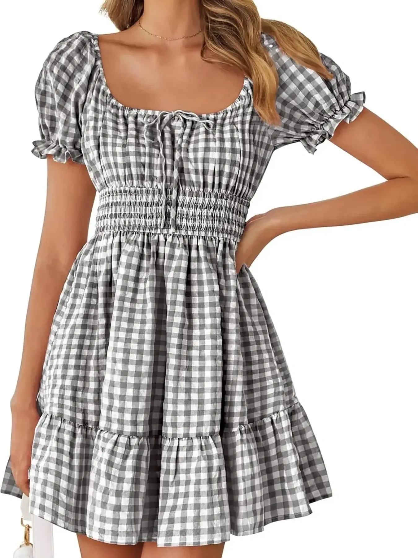 Gingham Smocked Puff Sleeve Summer Dress - Image 4