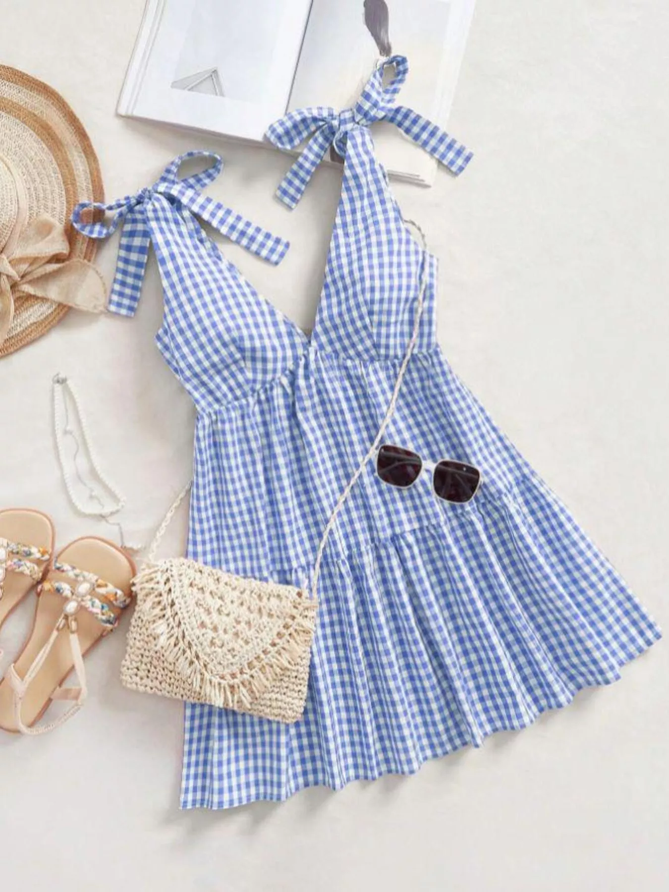 Gingham Tie-Shoulder Ruffle Hem Mini Dress - Image 6