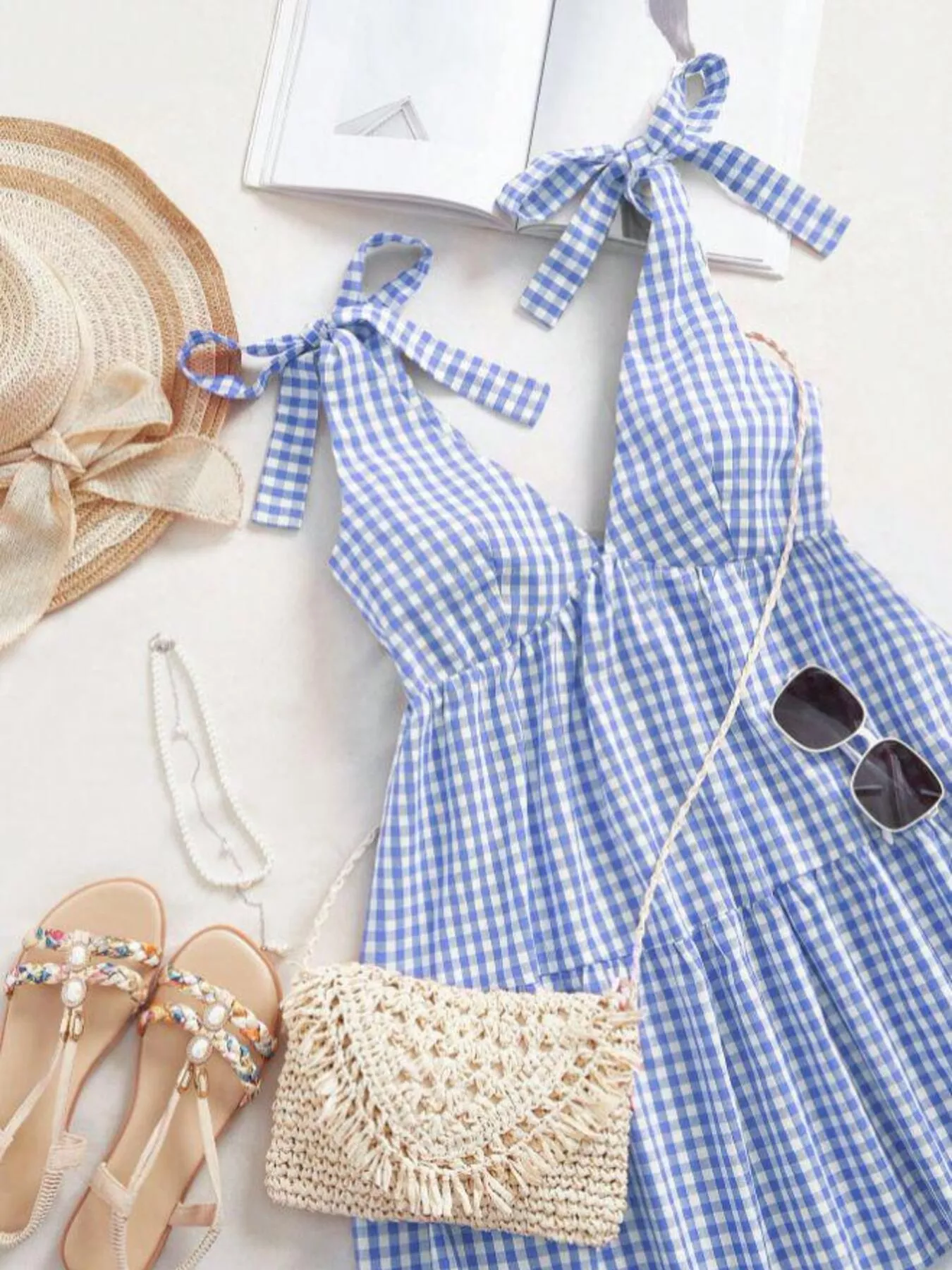Gingham Tie-Shoulder Ruffle Hem Mini Dress - Image 7