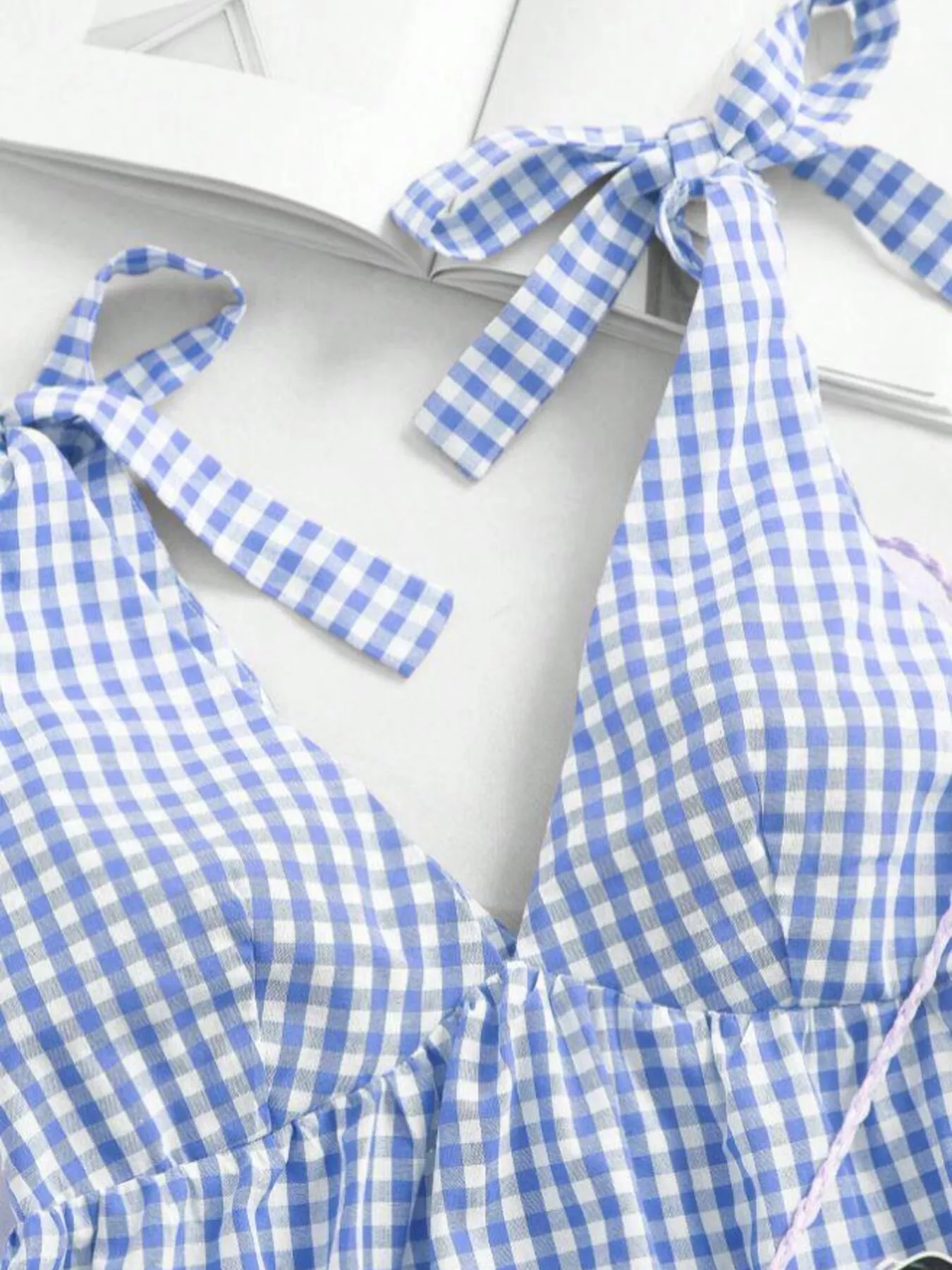 Gingham Tie-Shoulder Ruffle Hem Mini Dress - Image 8