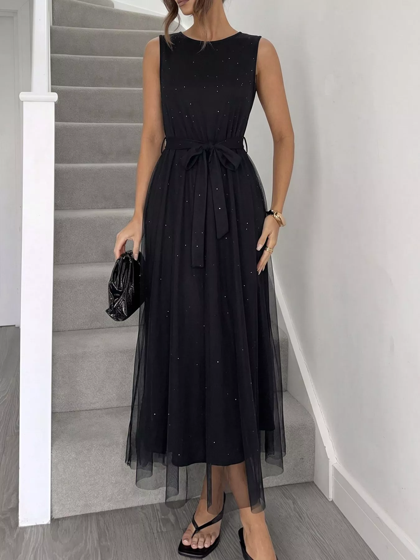 Glitter Sleeveless Tulle Midi Dress - Image 4