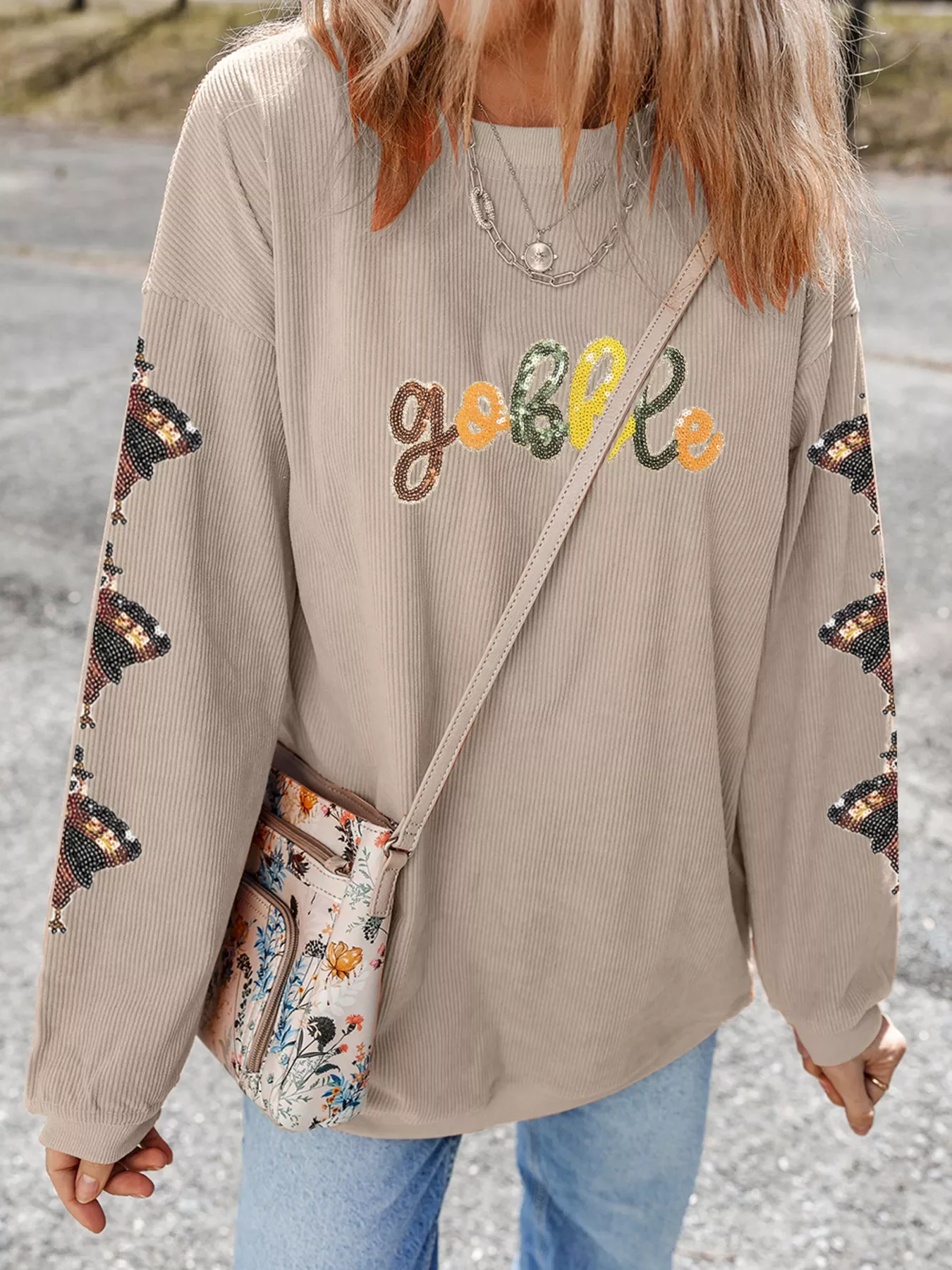 Gobble Corded Ribbed Thanksgiving Turkey Sequin Patched Sleeve Sweatshirt - Image 3
