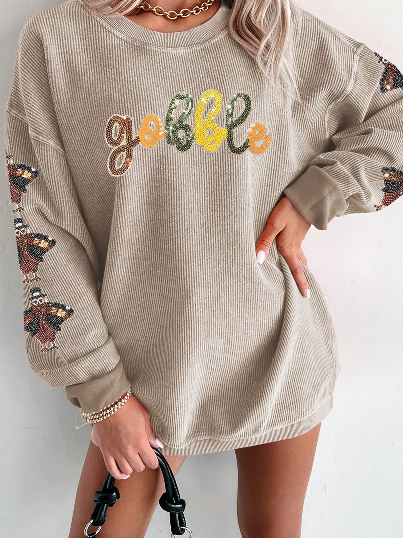 Gobble Corded Ribbed Thanksgiving Turkey Sequin Patched Sleeve Sweatshirt - Image 4