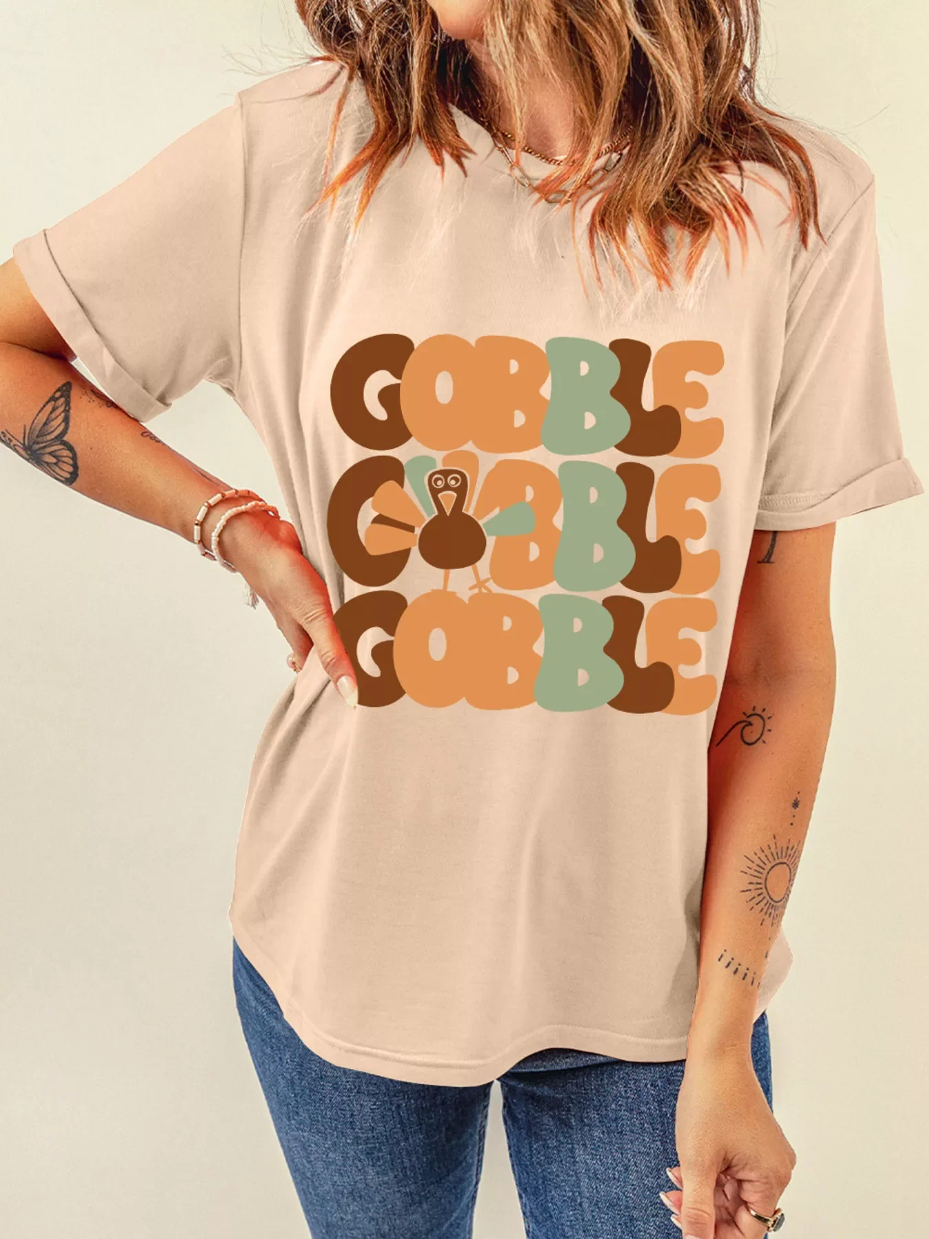 GOBBLE Turkey Graphic Thanksgiving Round Neck Tee - Image 2