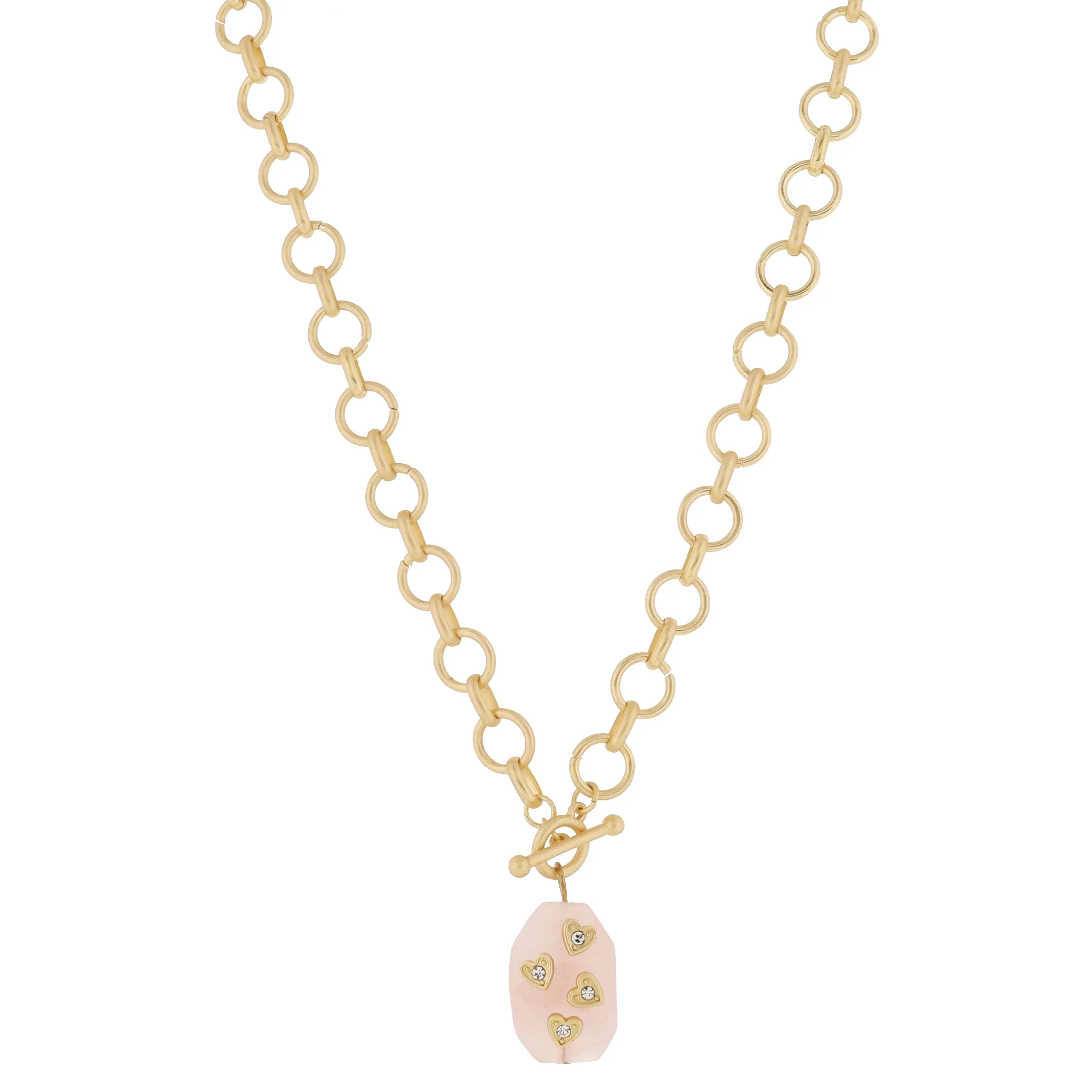 Gold Ball Bar Toggle & Faceted Rose Quartz Stone with Gold & Crystal Hearts Necklace, .85" Penant