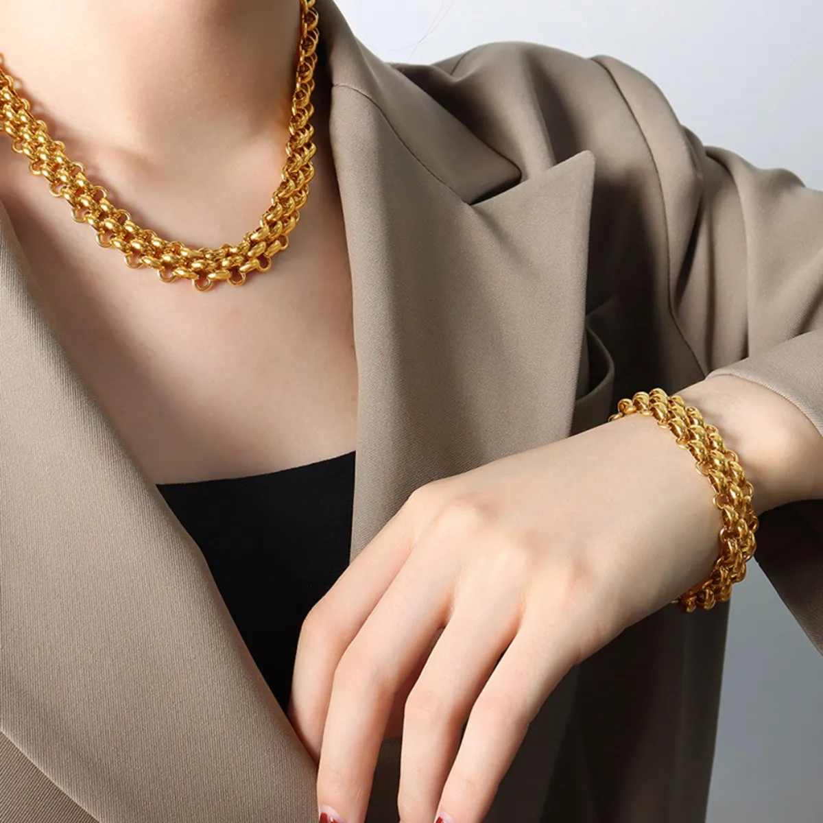 Gold Chain Link Jewelry Set with Necklace and Bracelet - Image 2