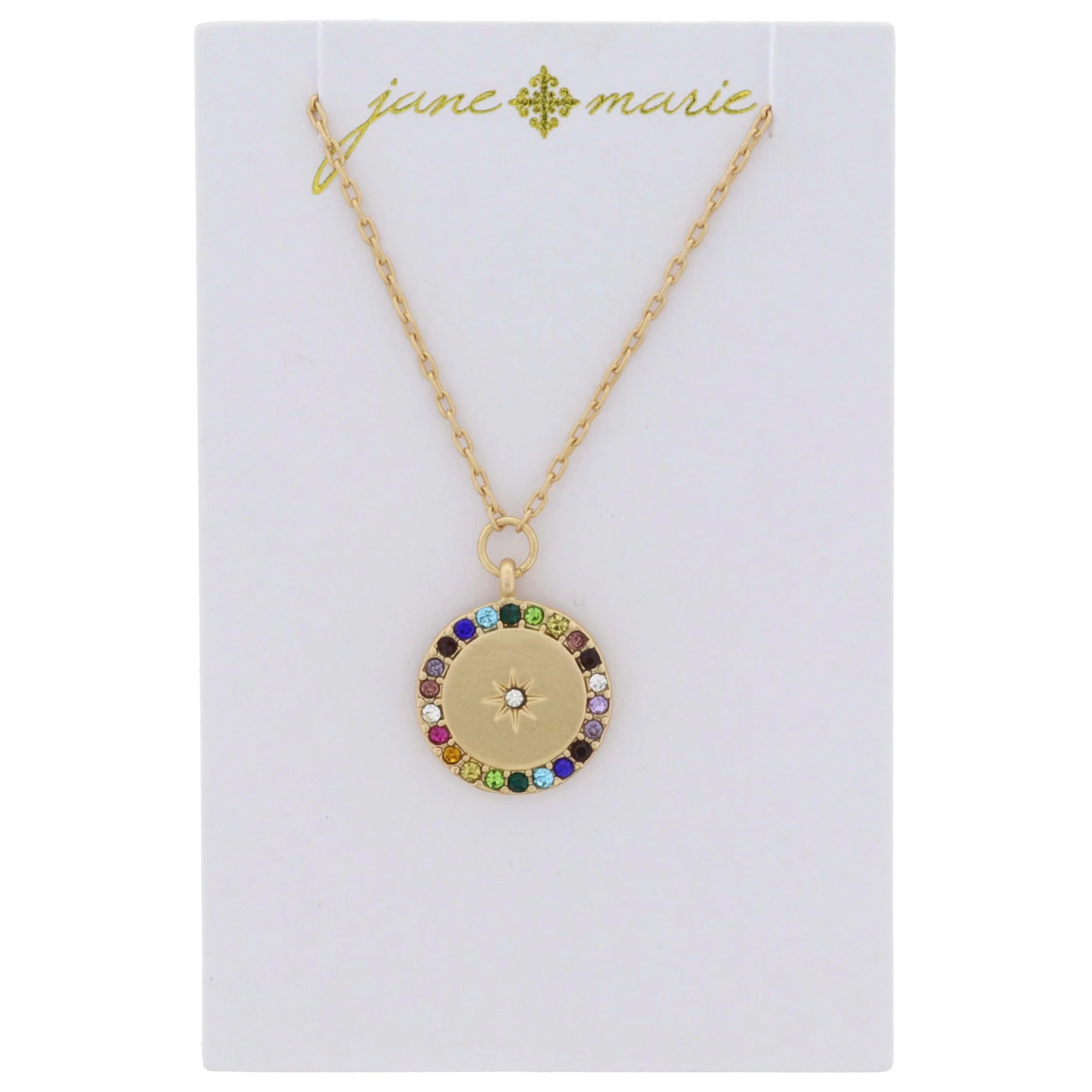 Gold Disc with Multi Crystal Edge and Clear Crystal Star Center Necklace