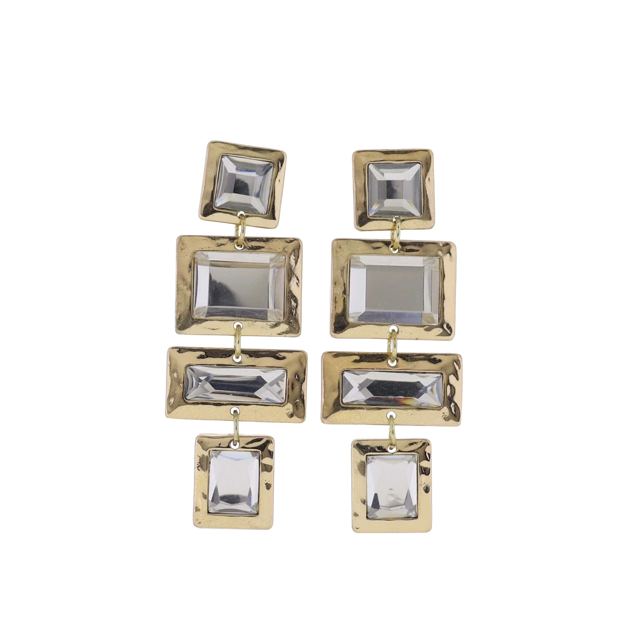 Gold Earring with Clear Crystal Squares & Rectangles