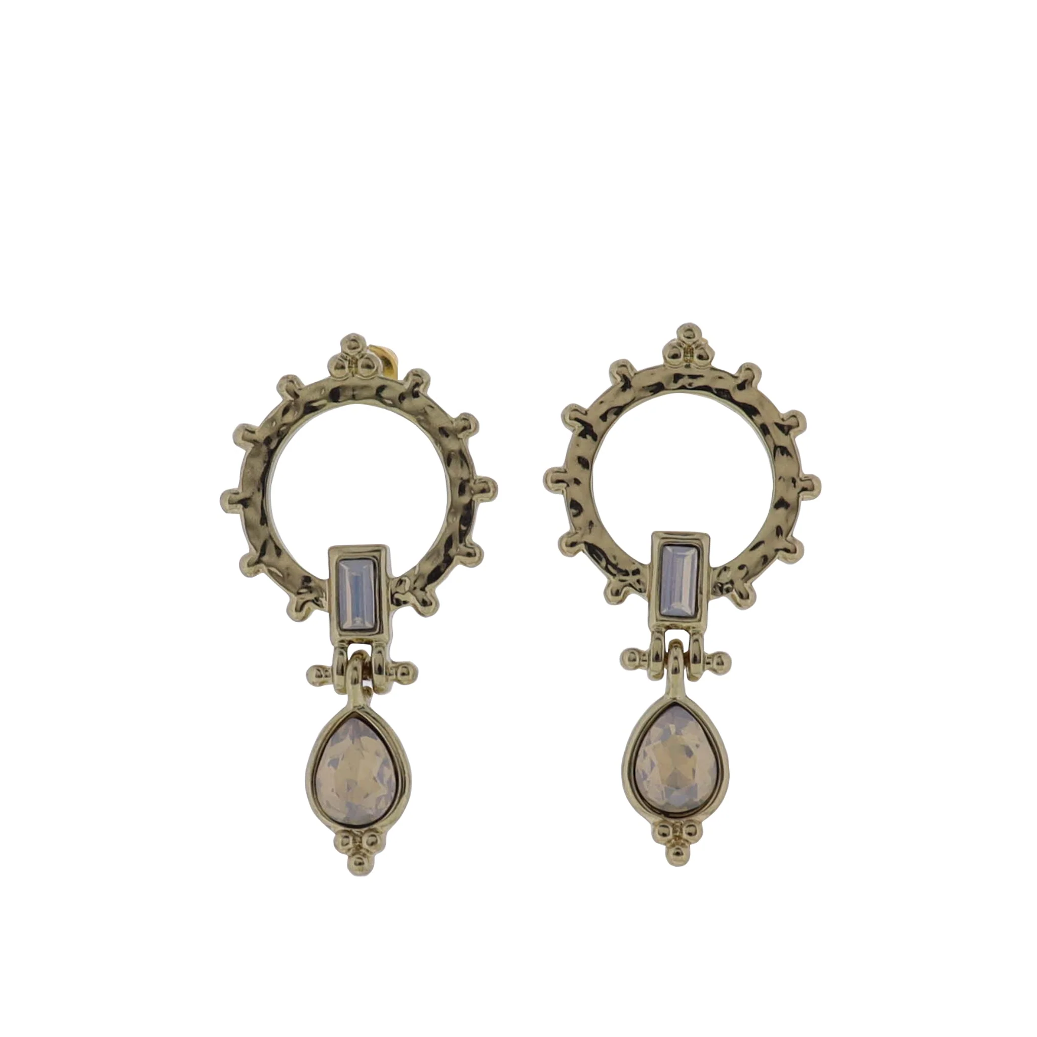 Gold, Moonstone Studded Circle Post Earrings with Moonstone Crystal Accents