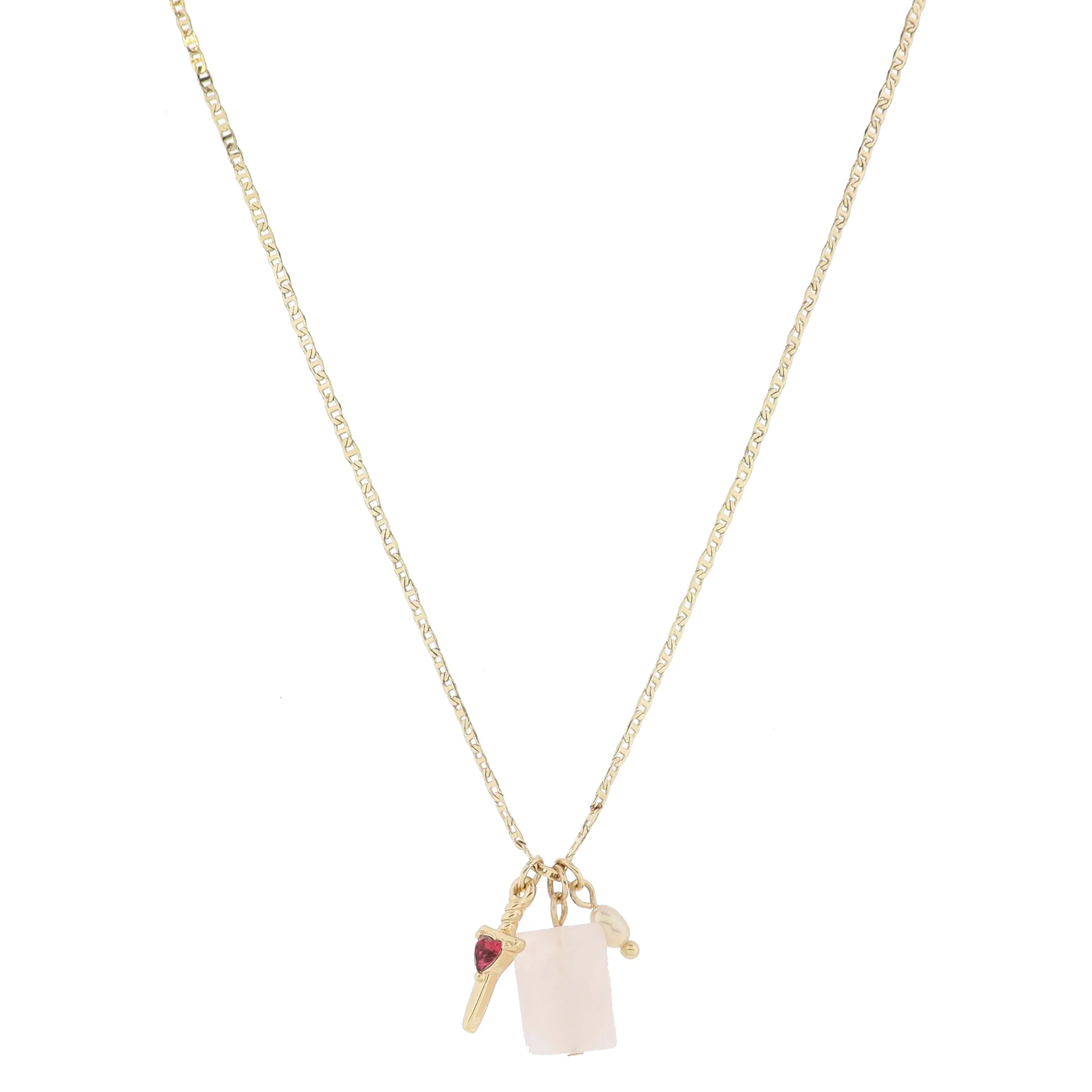 Gold Sword with Pink Crystal Heart, Rose Quartz Rectangle, Pink Pearl Necklace, .65", .65", .25"