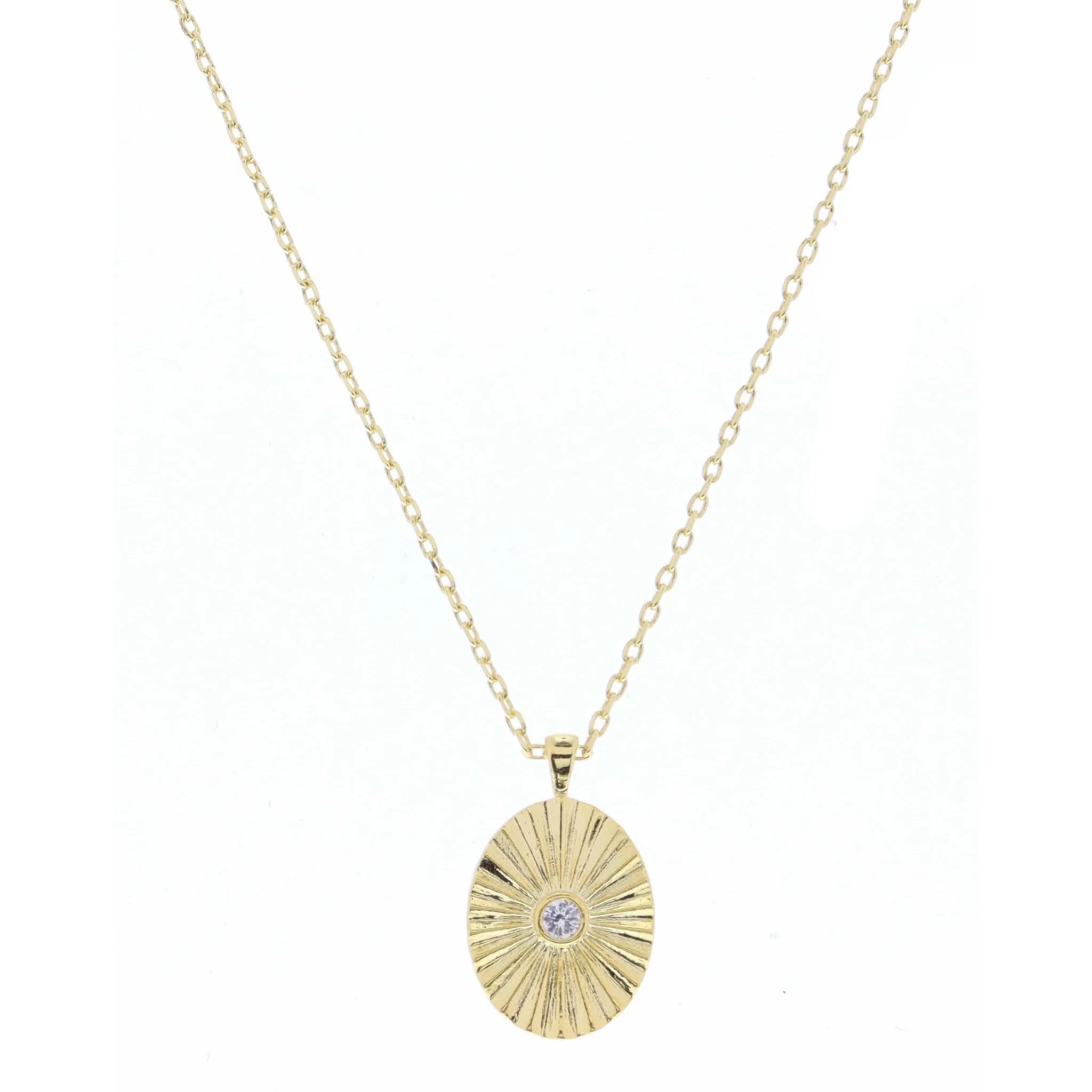 Gold Textured Oval with Center Mini Clear Crystal Necklace