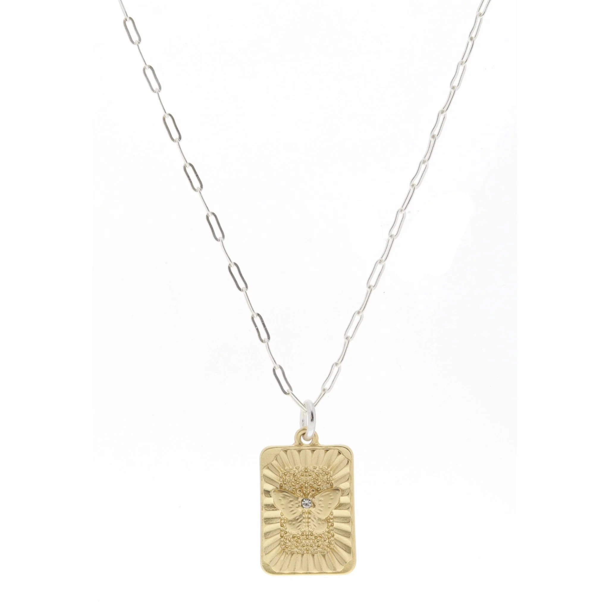 Gold Textured Rextangle with Butterfly and Clear Crystal Center Necklace