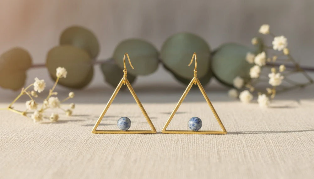 Gold Triangular Shaped Dangle Earrings with Blue Stone