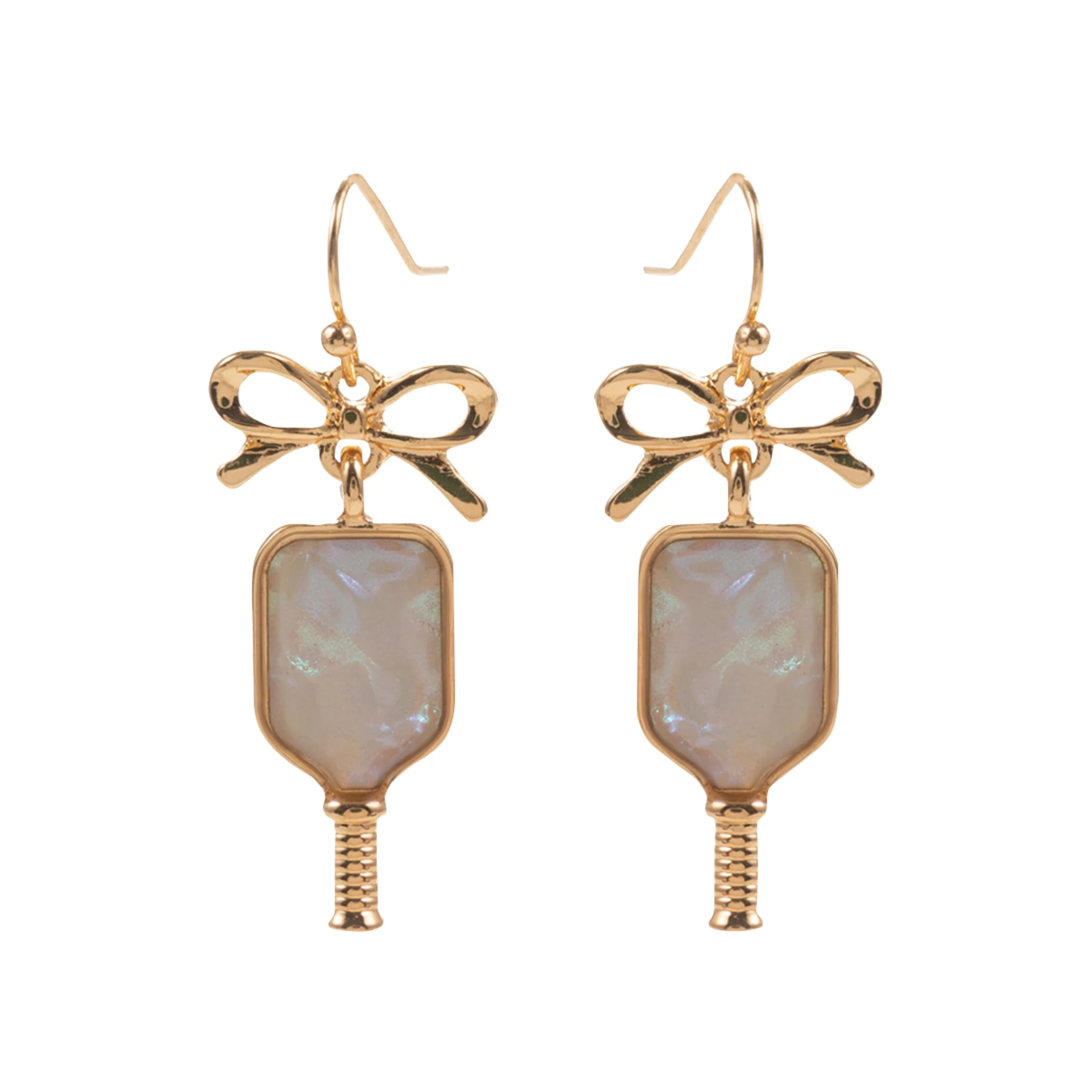 Gold, White Pickleball Paddle Earrings with Bow Post