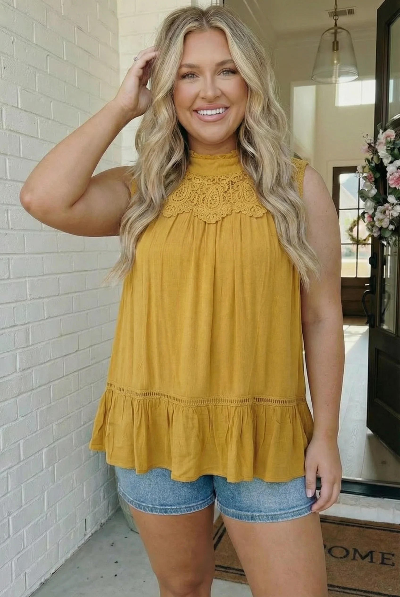 Golden Hour Lace Yoke Babydoll Top - Image 6