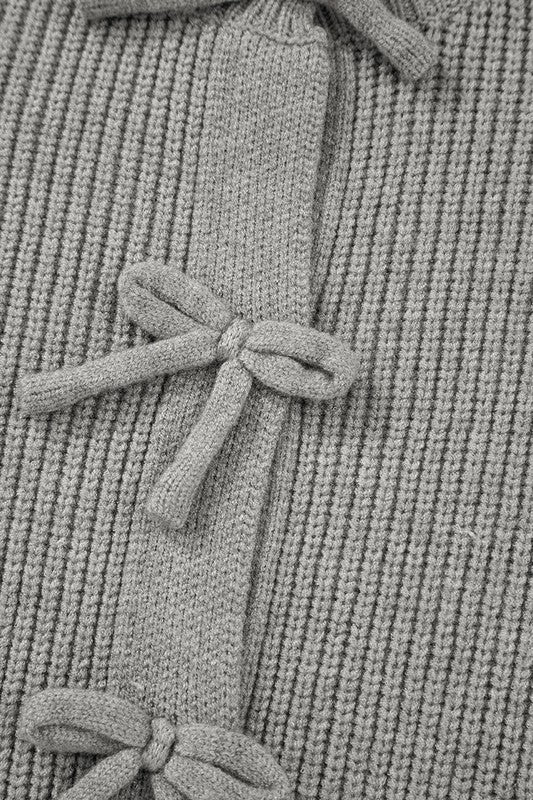 Gray Ribbed Knit Bow Front Buttoned Cardigan - Image 5