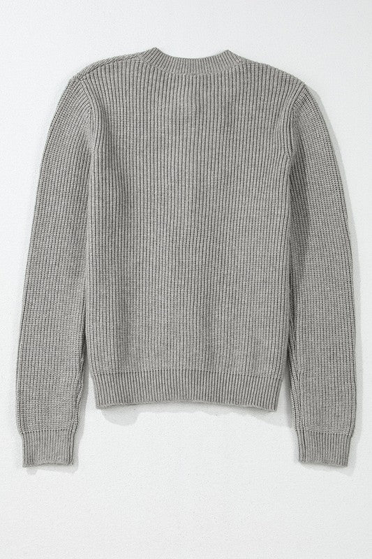 Gray Ribbed Knit Bow Front Buttoned Cardigan - Image 7