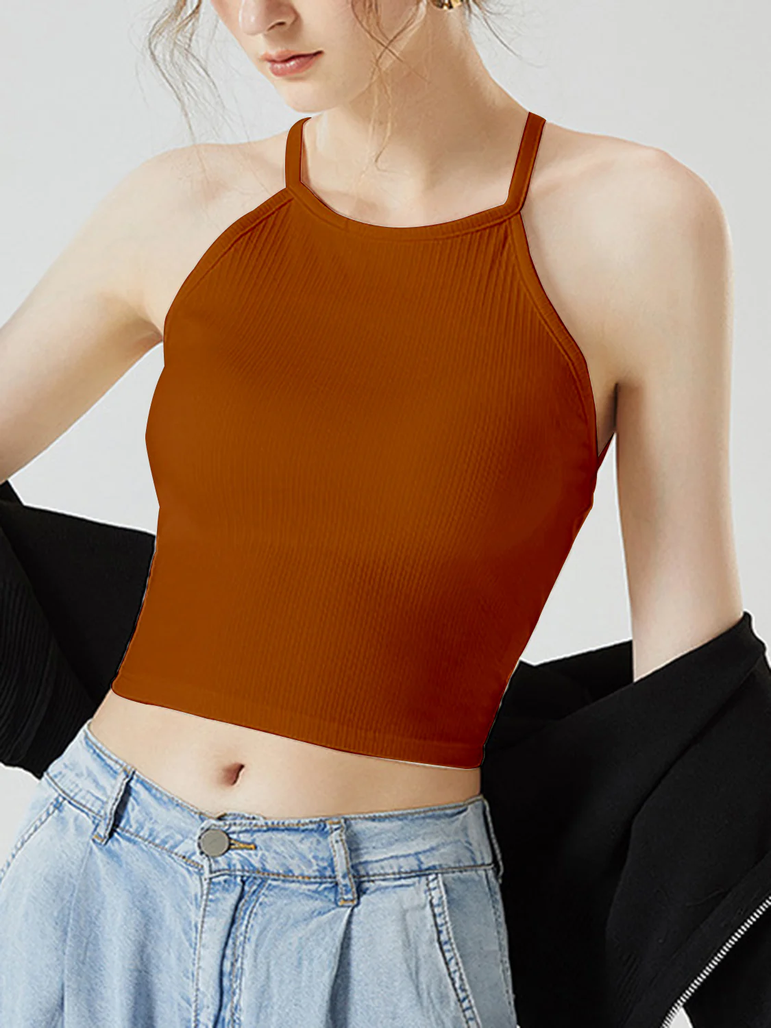 Grecian Neck Cropped Tank with Chest Pads - Image 16