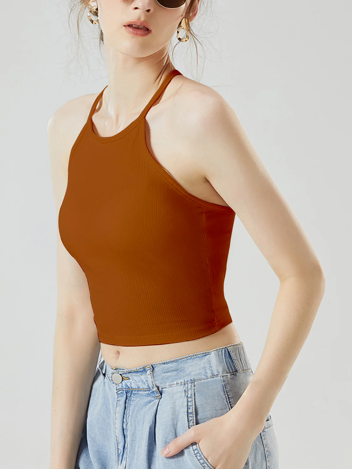 Grecian Neck Cropped Tank with Chest Pads - Image 17