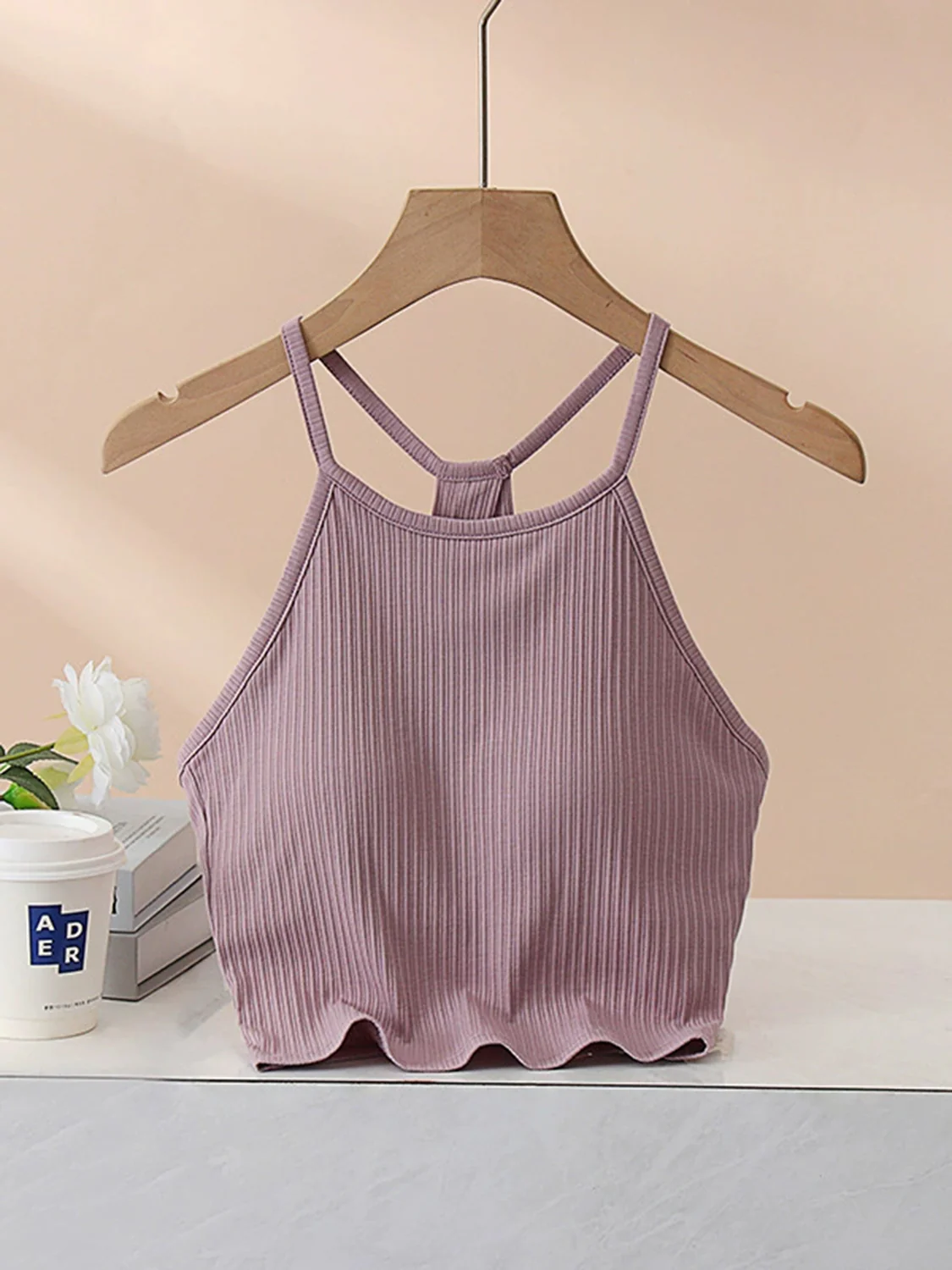 Grecian Neck Cropped Tank with Chest Pads - Image 18