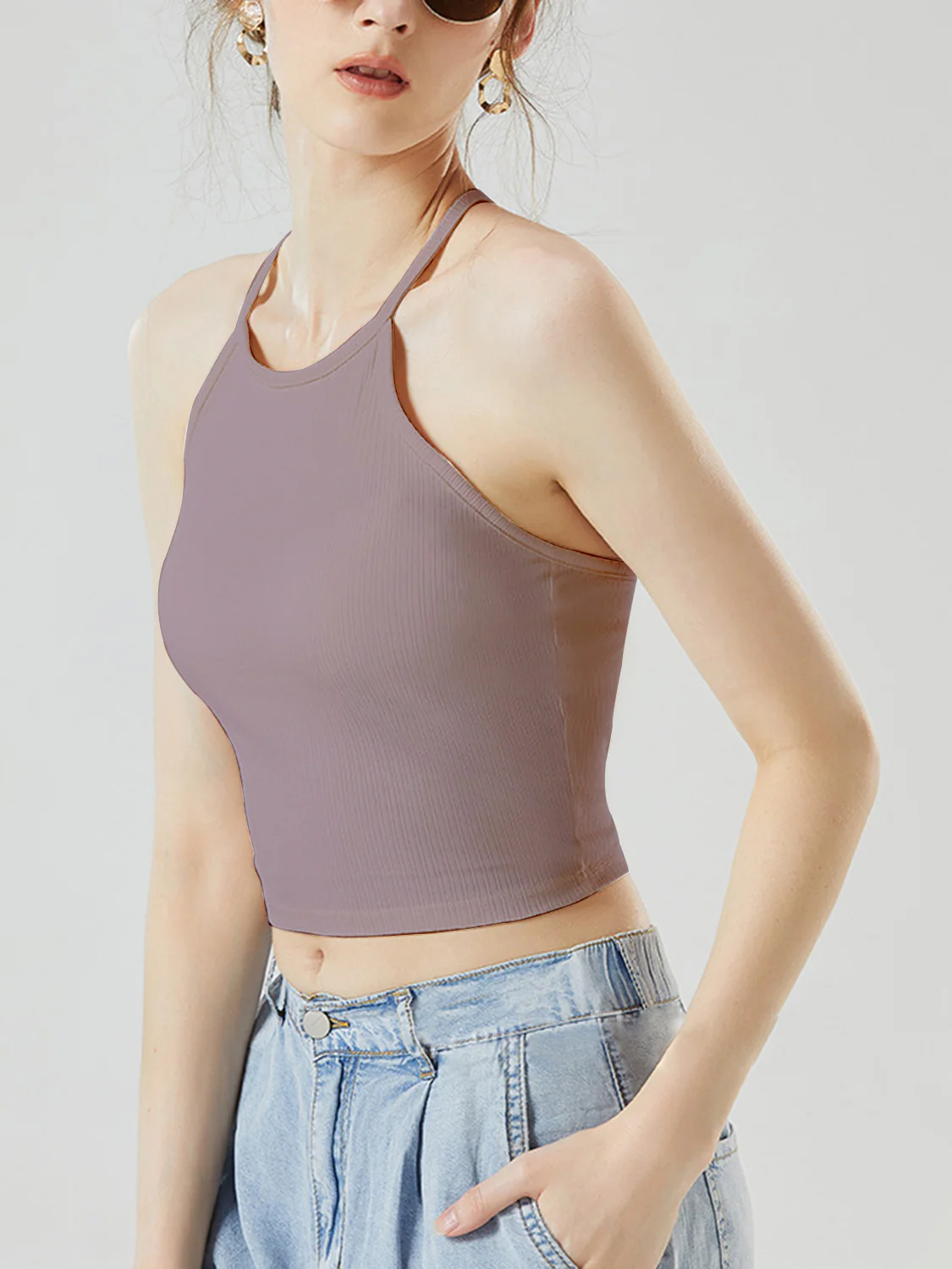 Grecian Neck Cropped Tank with Chest Pads - Image 19