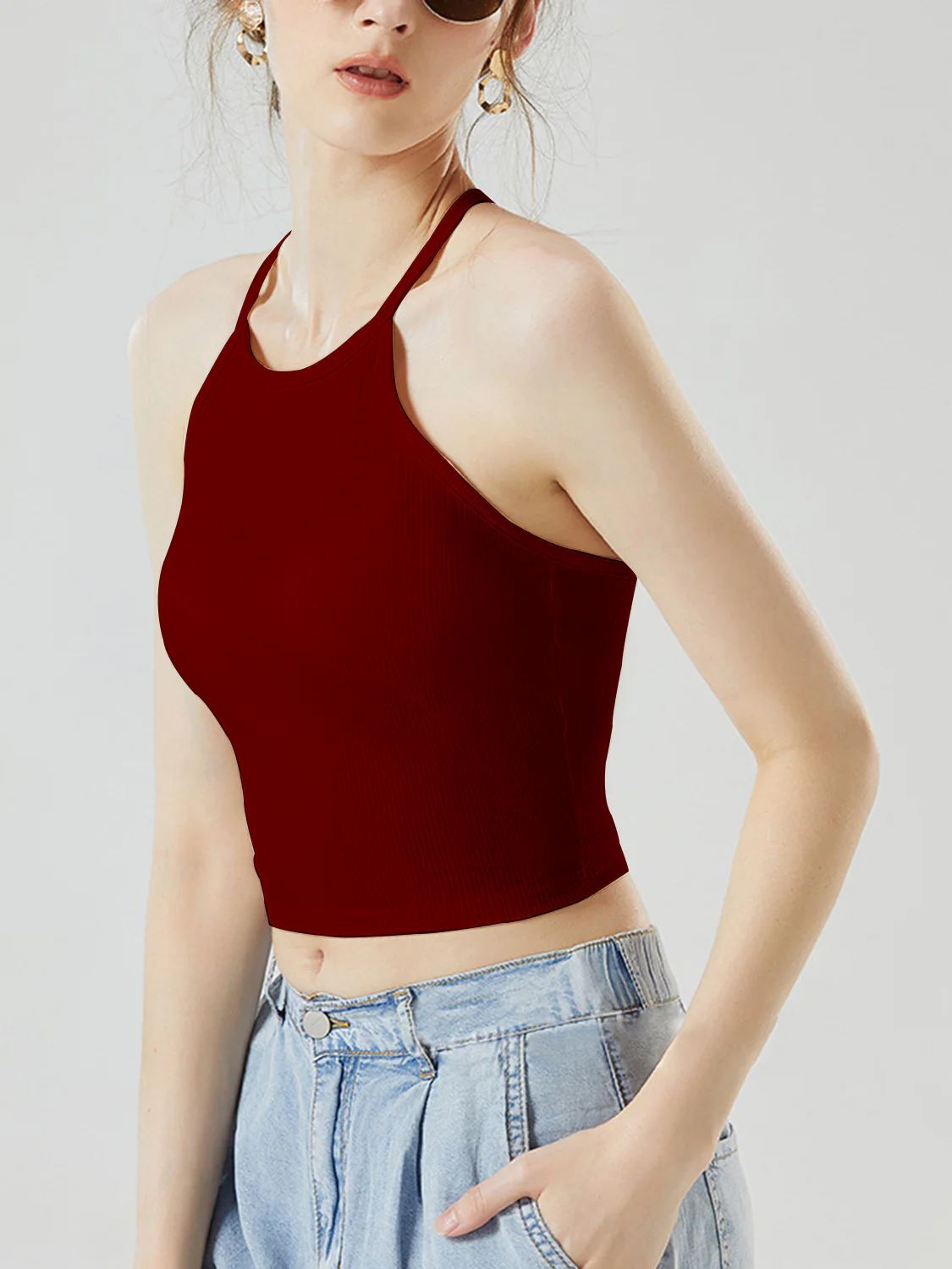 Grecian Neck Cropped Tank with Chest Pads - Image 22