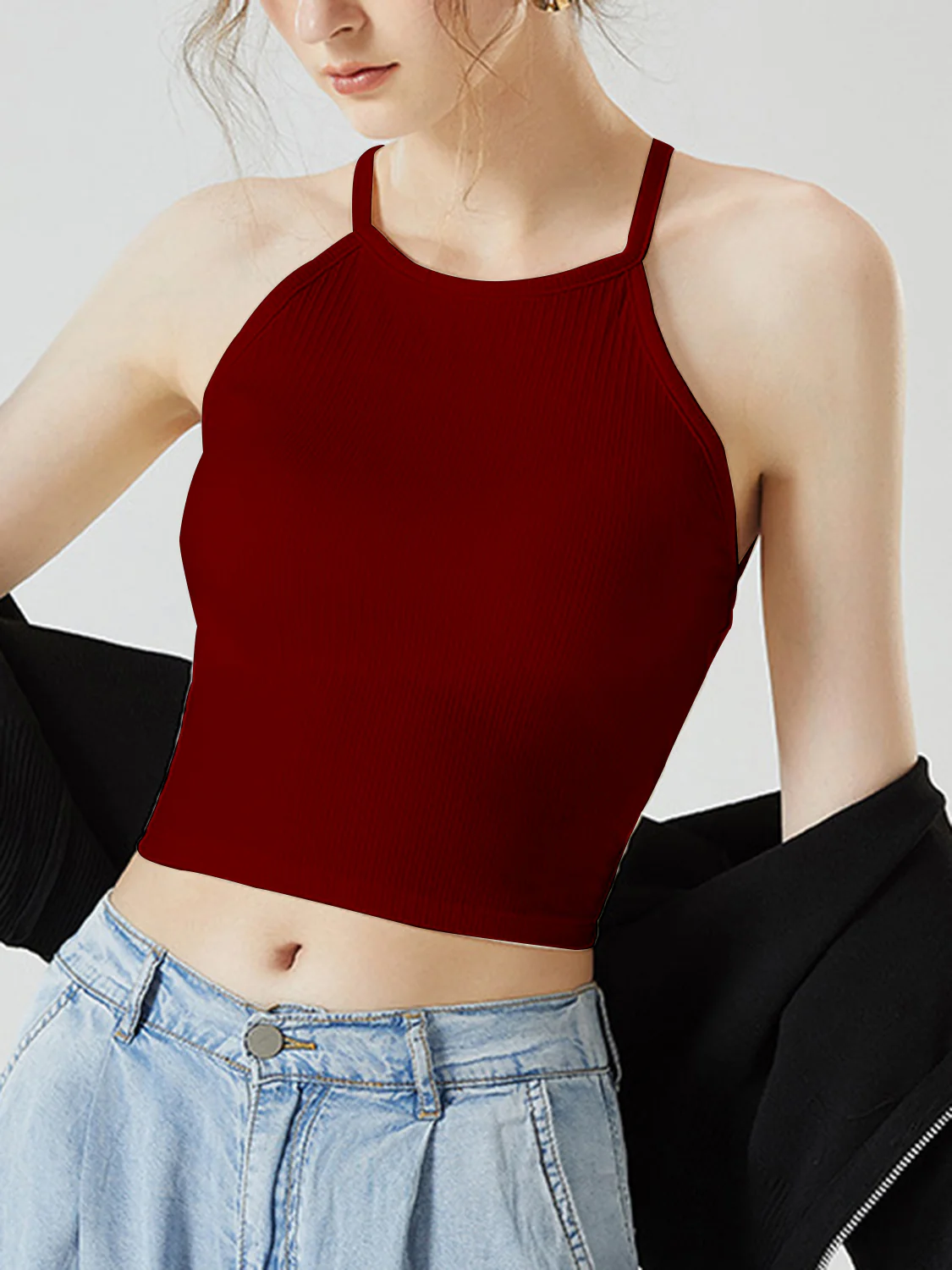 Grecian Neck Cropped Tank with Chest Pads - Image 23