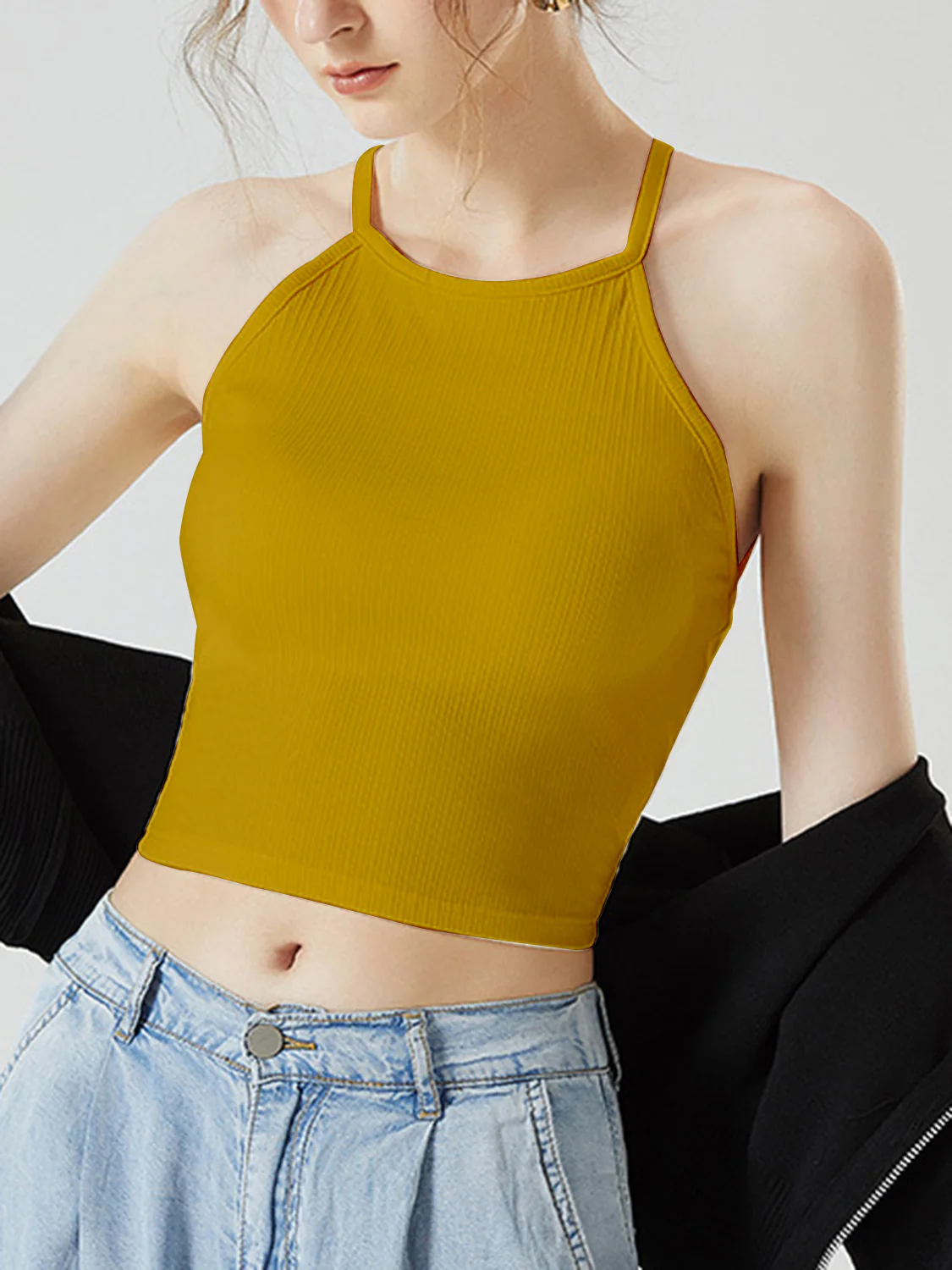 Grecian Neck Cropped Tank with Chest Pads - Image 25