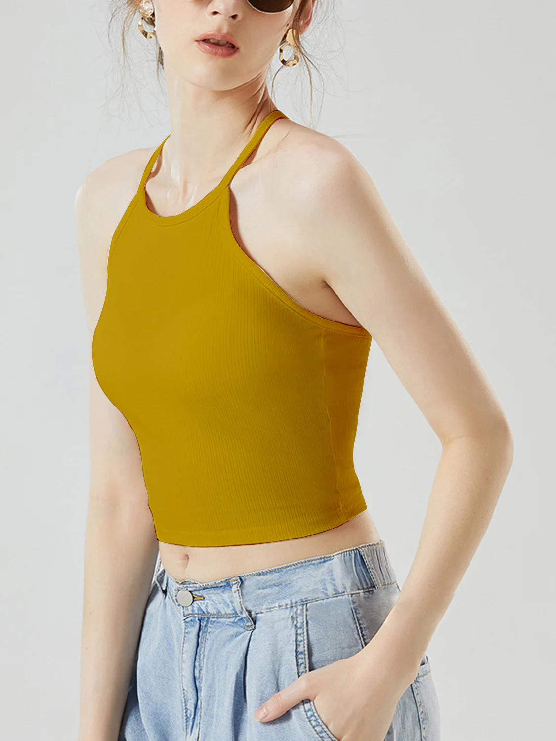 Grecian Neck Cropped Tank with Chest Pads - Image 26