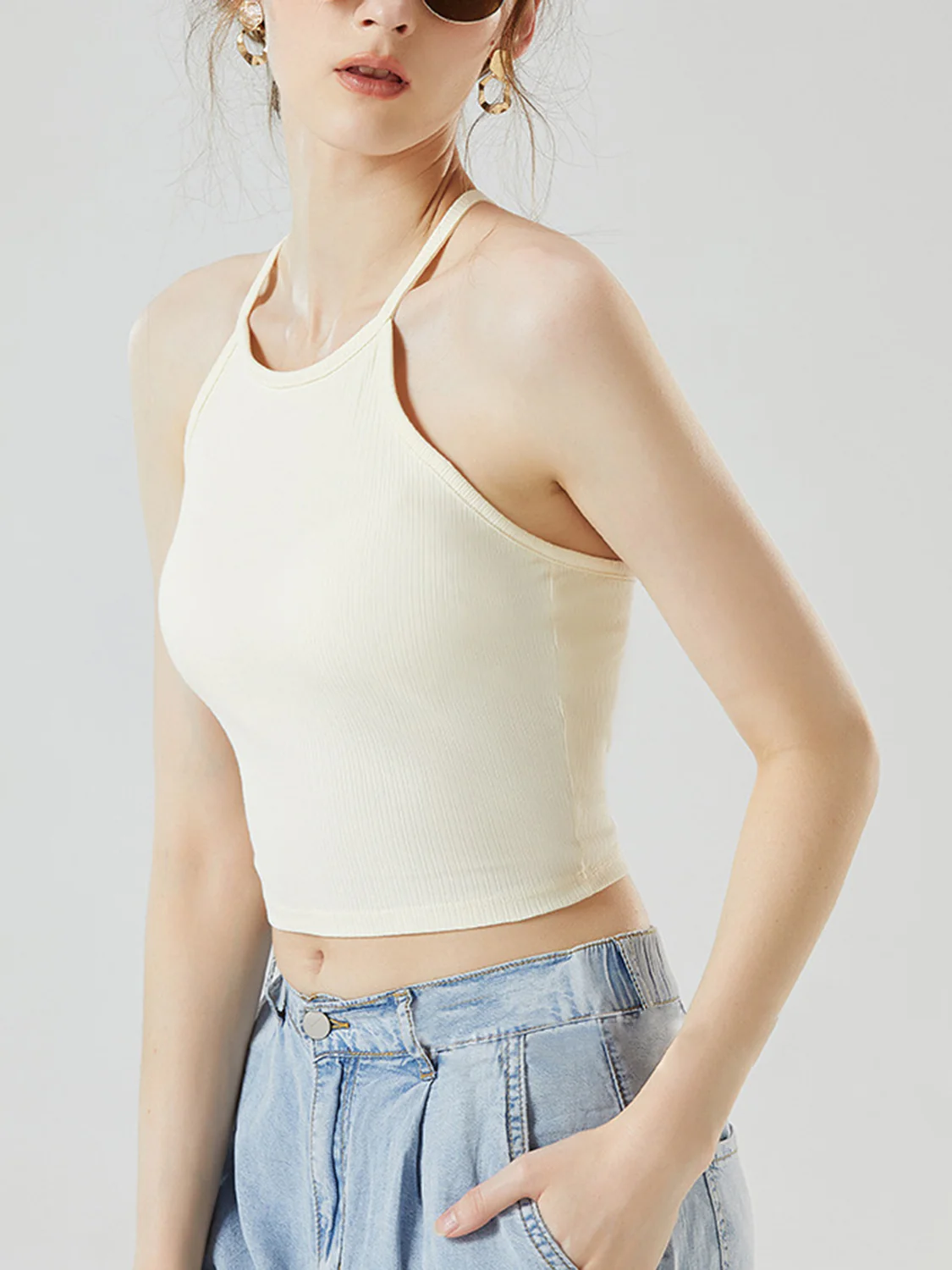Grecian Neck Cropped Tank with Chest Pads - Image 6