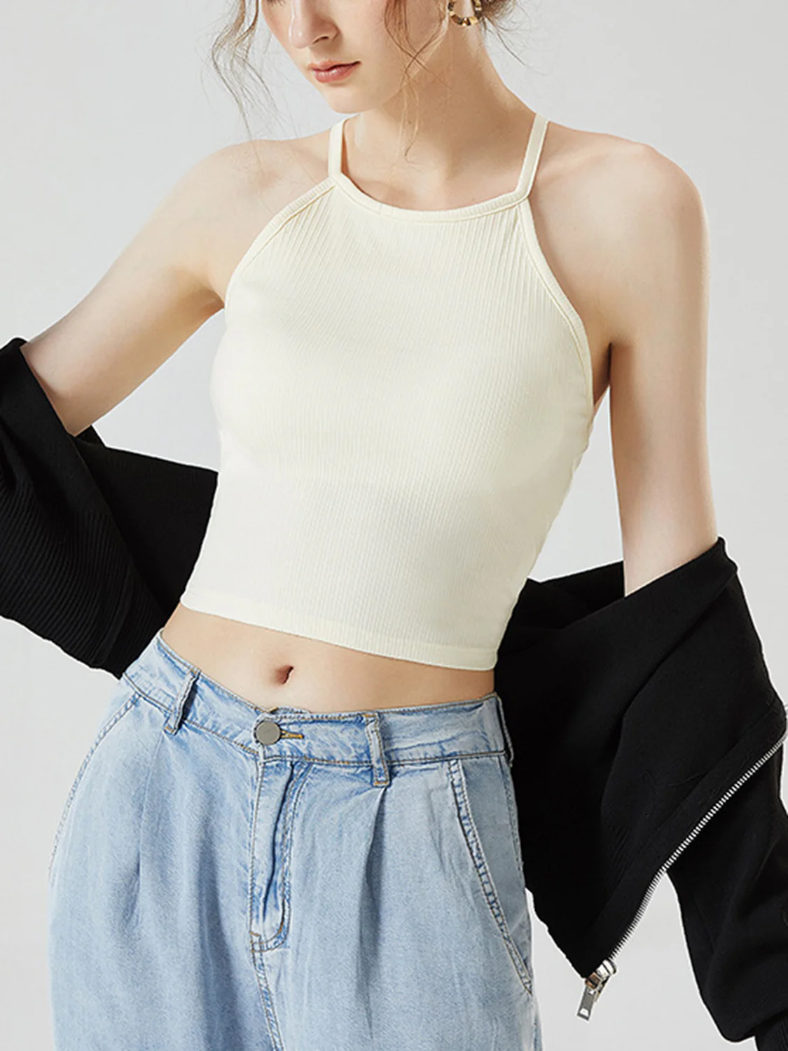 Grecian Neck Cropped Tank with Chest Pads - Image 8