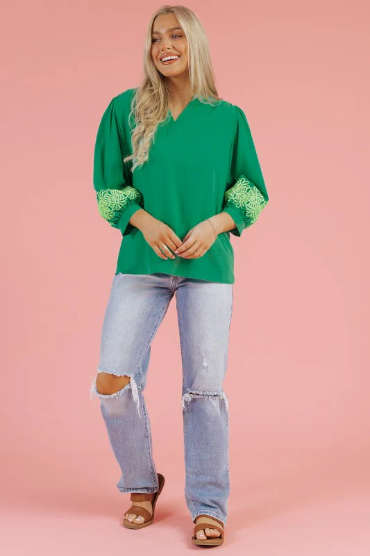 Green 3/4 Sleeve Notched V Neck Elegant Blouse - Image 15