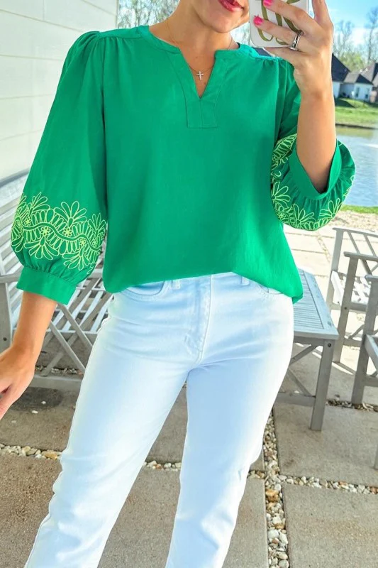 Green 3/4 Sleeve Notched V Neck Elegant Blouse - Image 42