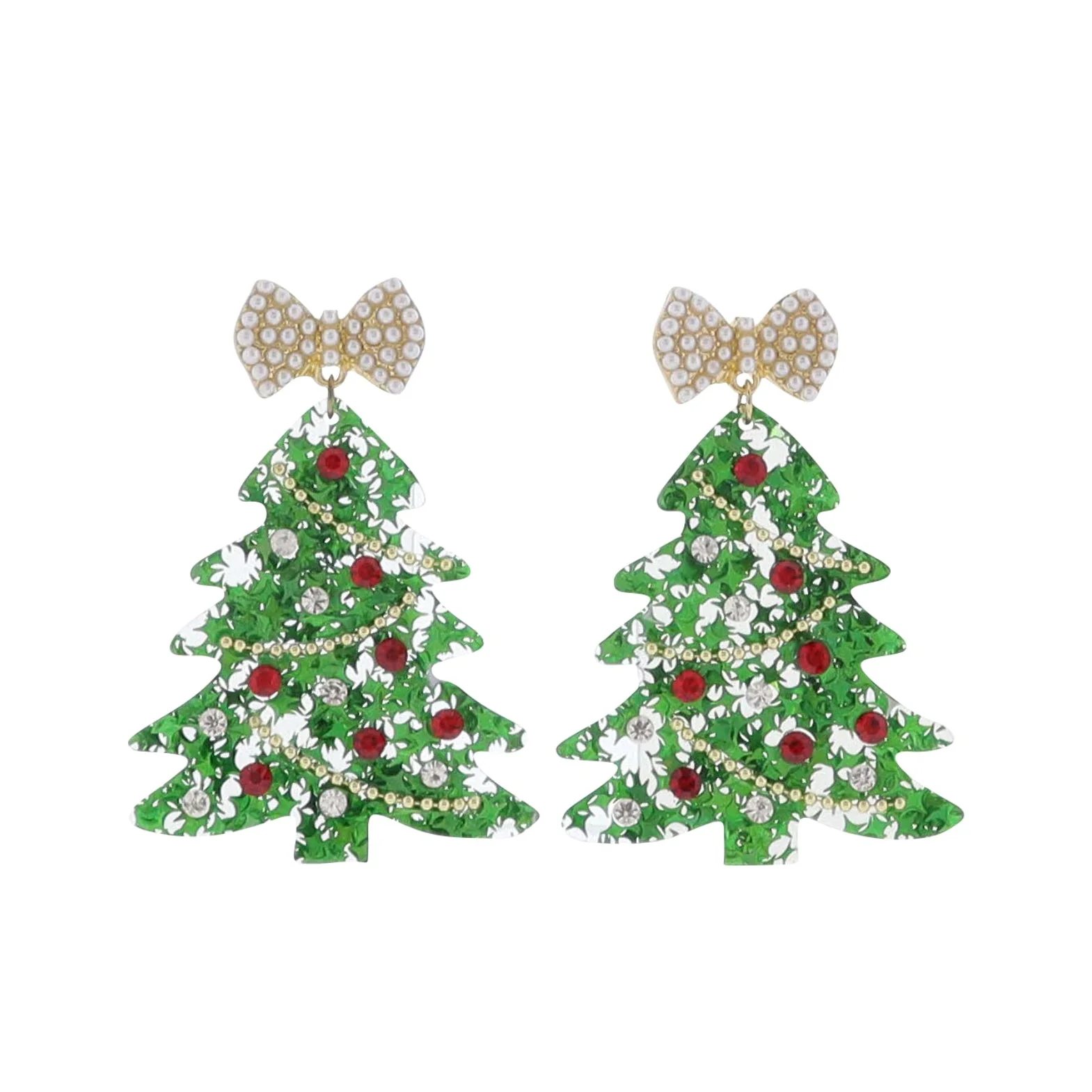 Green Christmas Tree Earring with Pearl Accents