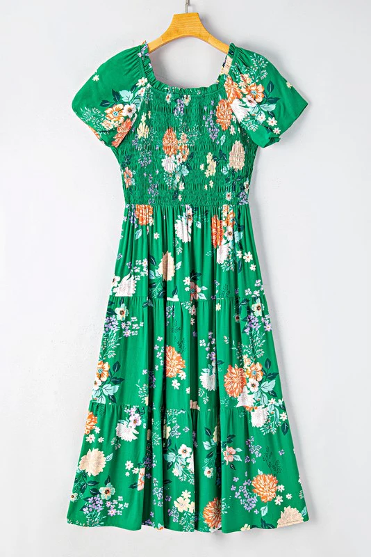 Green Floral Bubble Smocked Tiered Midi Dress - Image 4