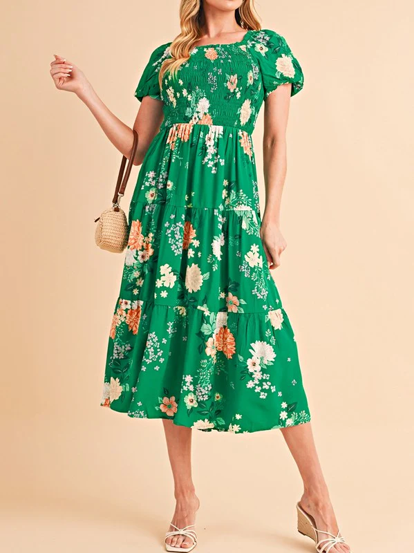 Green Floral Bubble Smocked Tiered Midi Dress - Image 6