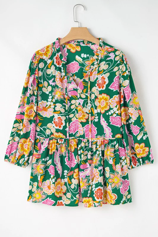 Green Floral Tied V Neck Plus Size Babydoll Top - Image 3