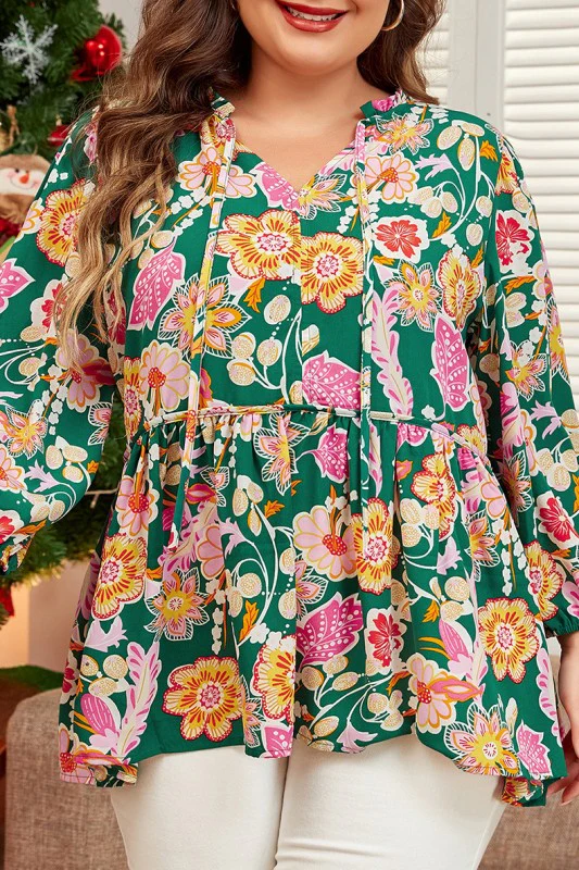 Green Floral Tied V Neck Plus Size Babydoll Top - Image 7