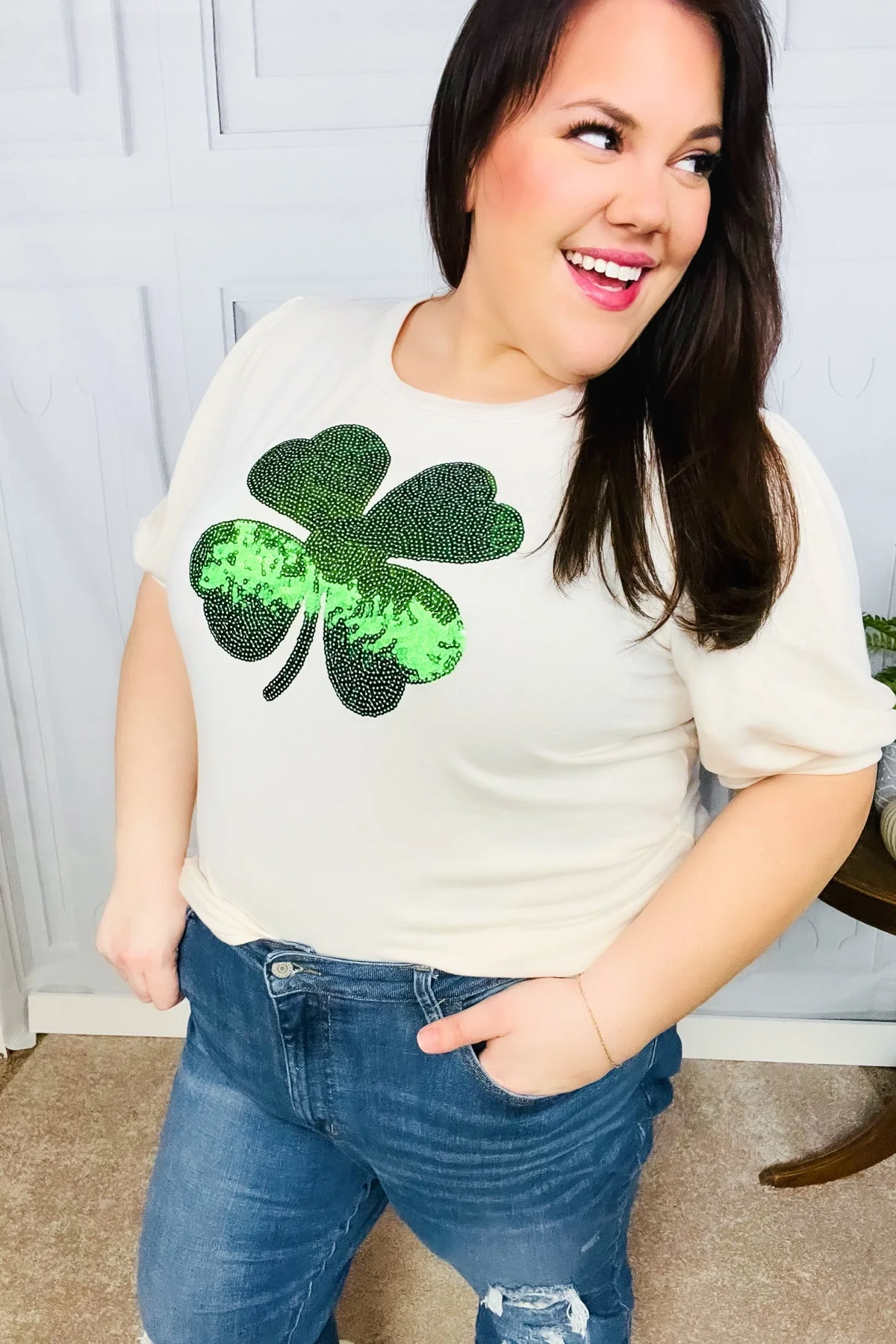 Saint Patty Sequin Clover French Terry Puff Sleeve Top - Image 11