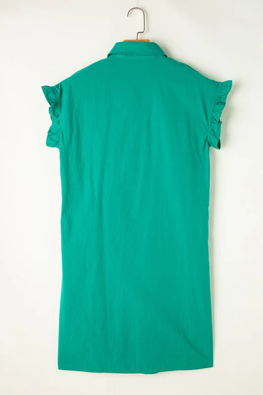 Green Shirred Ruffle Sleeve Button Up Short Dress - Image 4