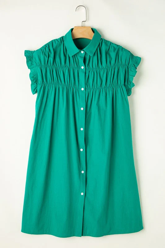 Green Shirred Ruffle Sleeve Button Up Short Dress - Image 5