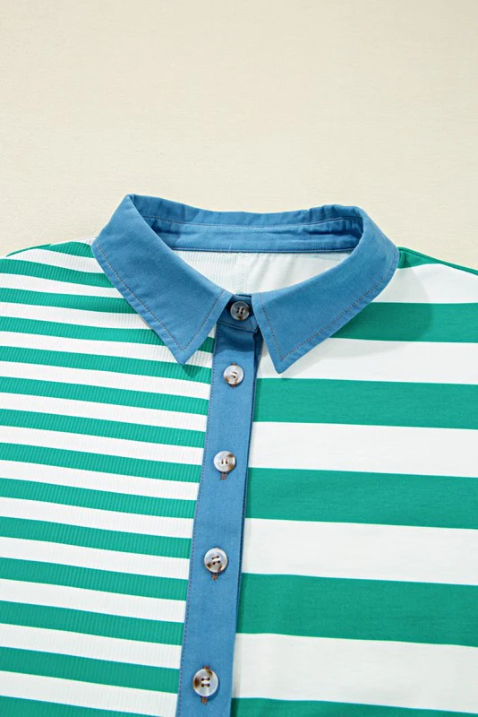 Green Stripe Color Collar Half Buttons T Shirt Top - Image 6