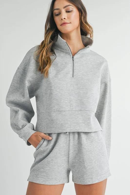 Grey Stand Neck Zipped Sweatshirt and Shorts Set - Image 4
