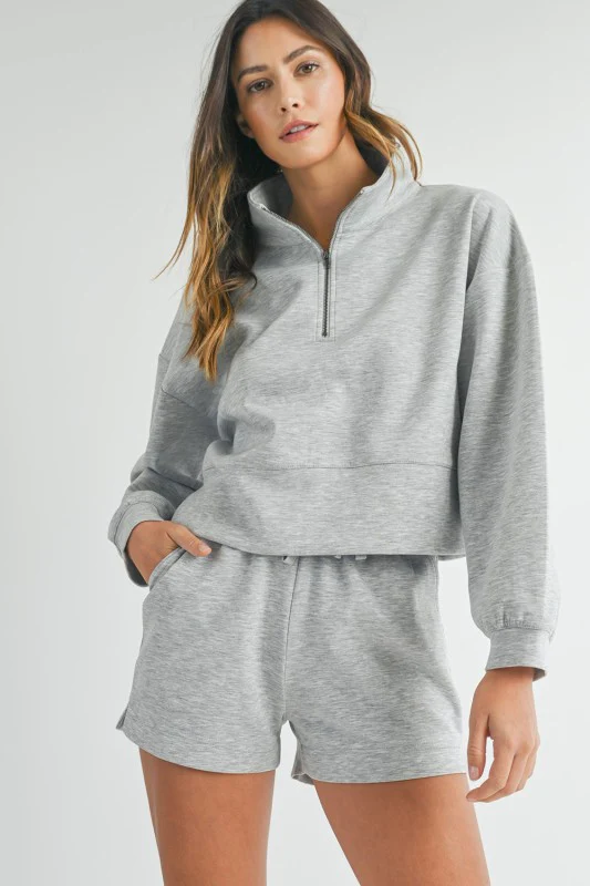 Grey Stand Neck Zipped Sweatshirt and Shorts Set - Image 5