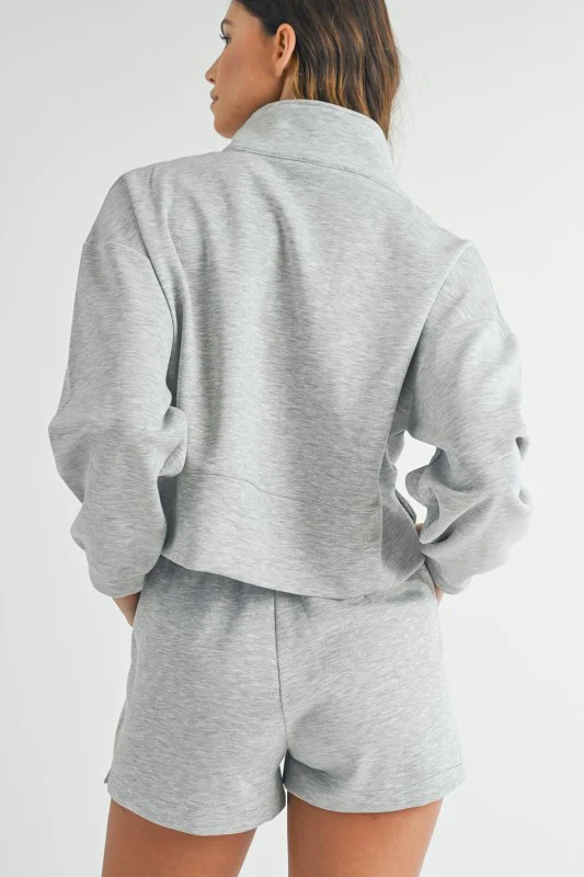 Grey Stand Neck Zipped Sweatshirt and Shorts Set - Image 6