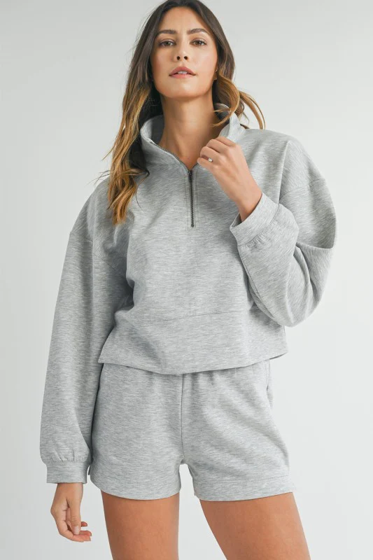 Grey Stand Neck Zipped Sweatshirt and Shorts Set - Image 8