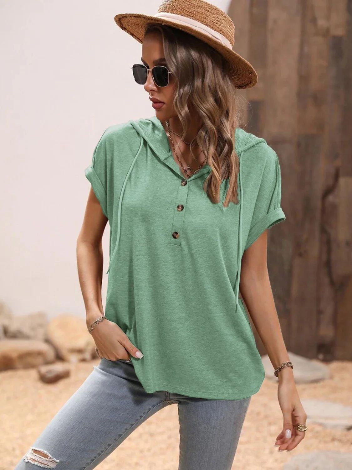 Half Button Hooded Short Sleeve Blouse - Image 11