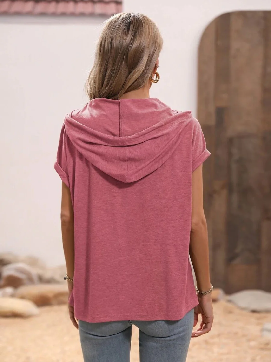 Half Button Hooded Short Sleeve Blouse - Image 15