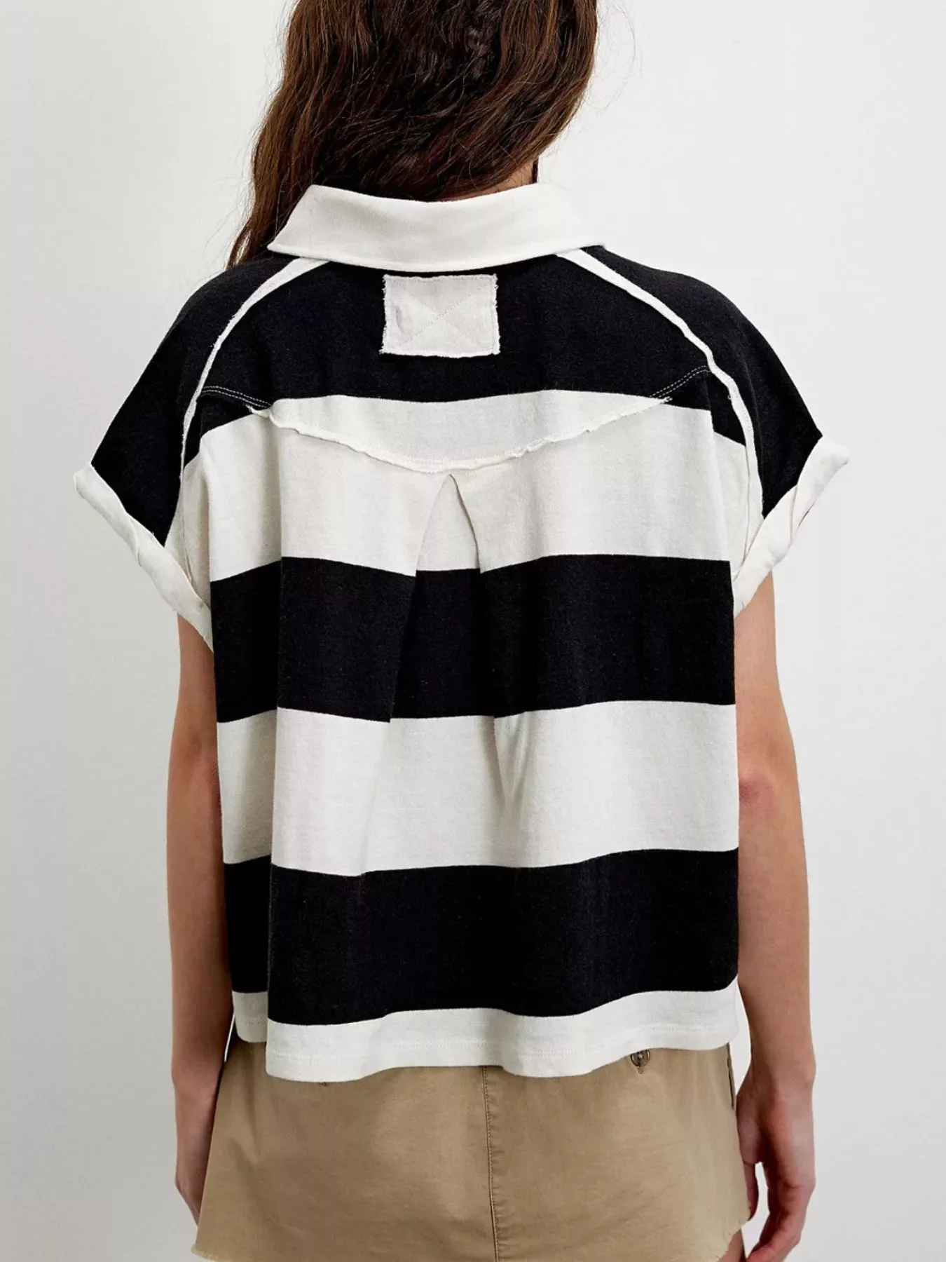 Half Button Striped Short Sleeve Cropped Polo Shirt - Image 11
