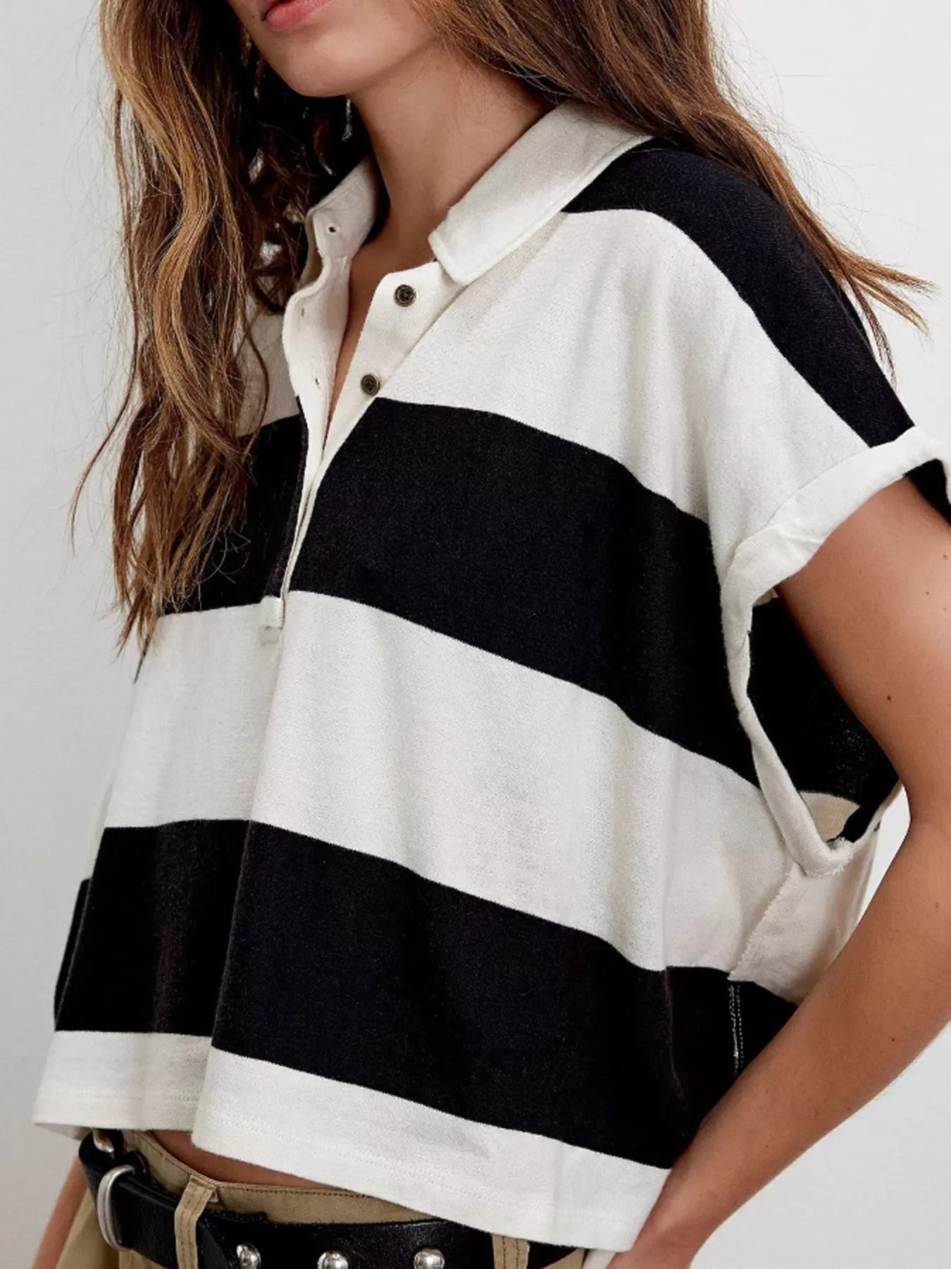 Half Button Striped Short Sleeve Cropped Polo Shirt - Image 12